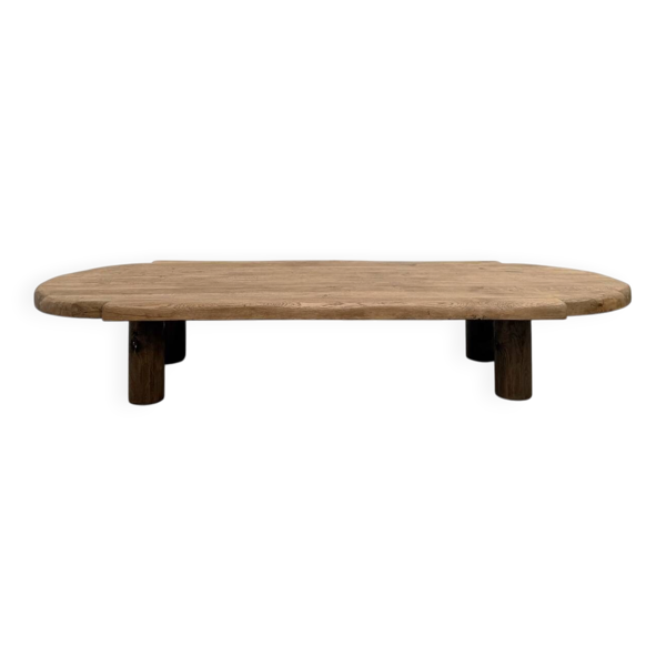 Table basse XXL ovale en chêne massif, piètement cylindrique, années 50