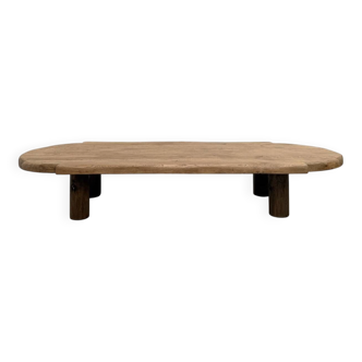 XXL oval coffee table in solid oak, cylindrical base, 1950s.