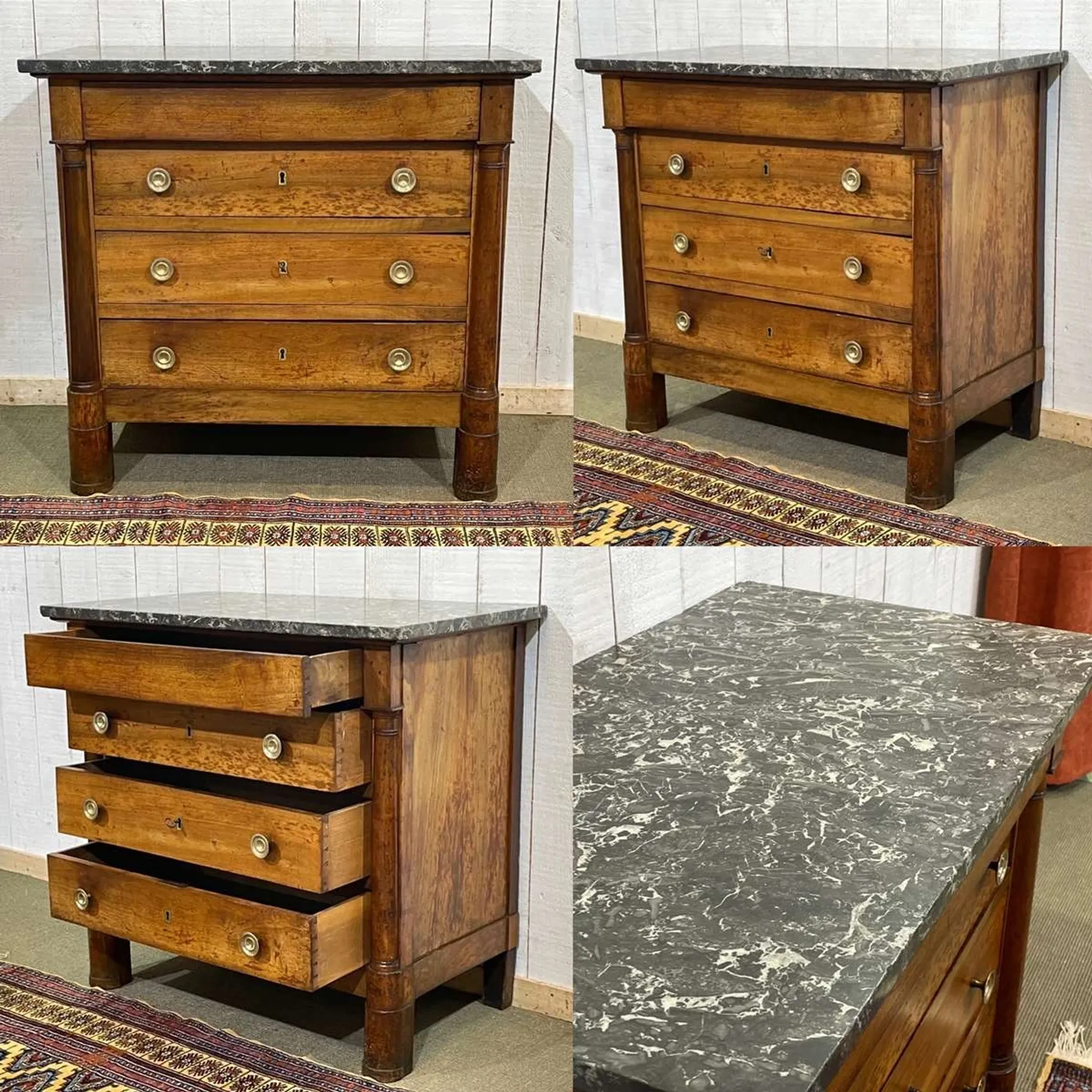 19th-century Empire commode in walnut with a grey St Anne marble top.