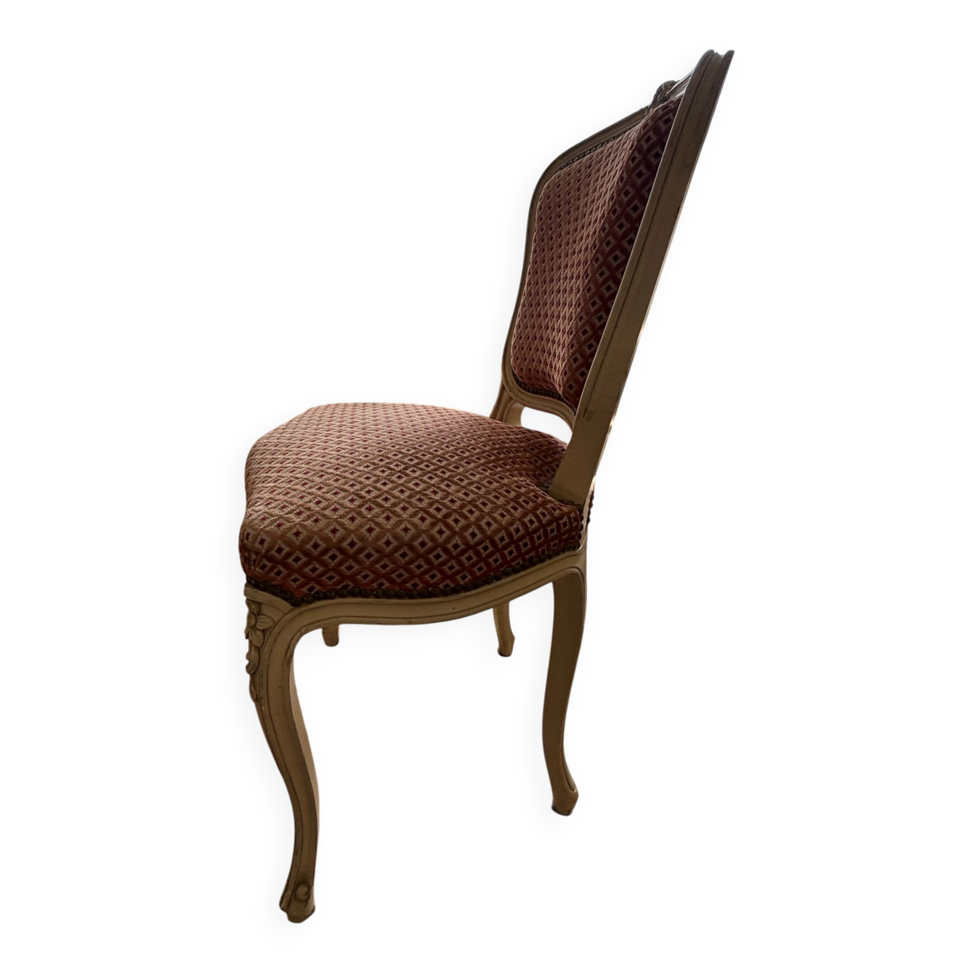 Louis XV style chair in patinated wood, fully upholstered in a fabric.