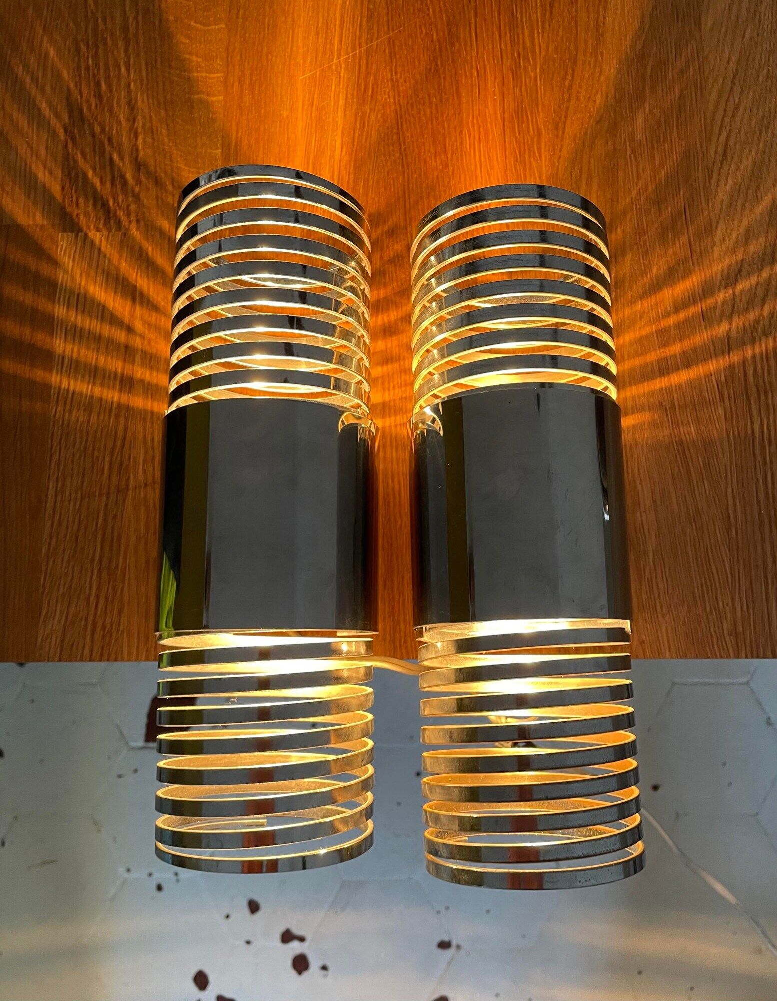 Pair of vintage wall lamps "Spring", chromed metal, France 1970