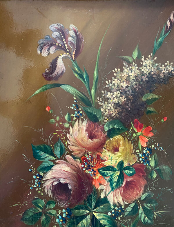 Tableaux XIX° pendant HSP acajou ''Bouquet de fleurs'' signés Vincent + cadre