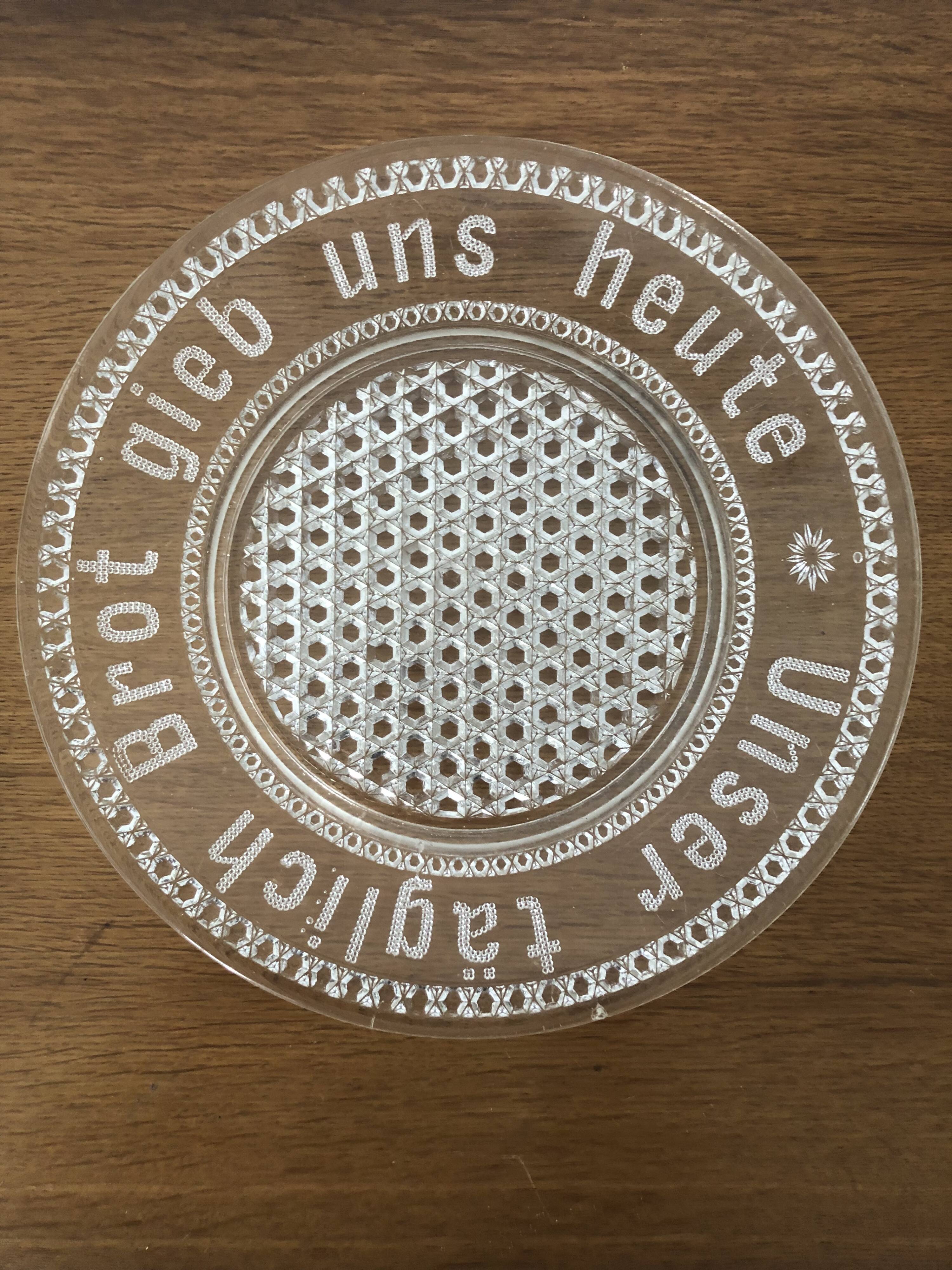 Cut glass cheese dish with inscription in German