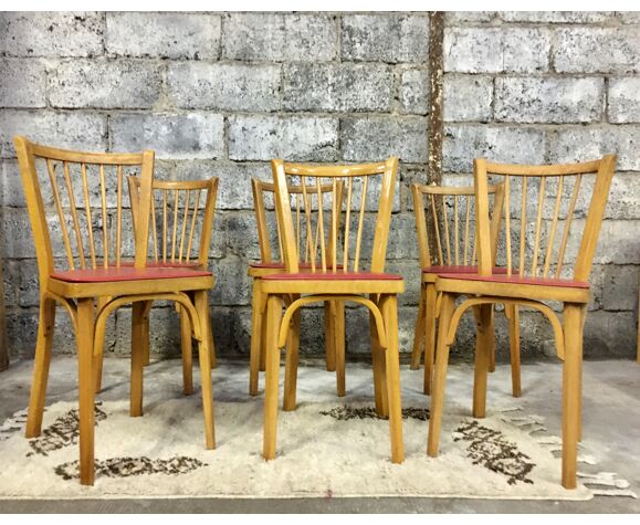 Series of 6 Baumann chairs bistrot parisian beechwood and red ska - old and  vintage | Selency