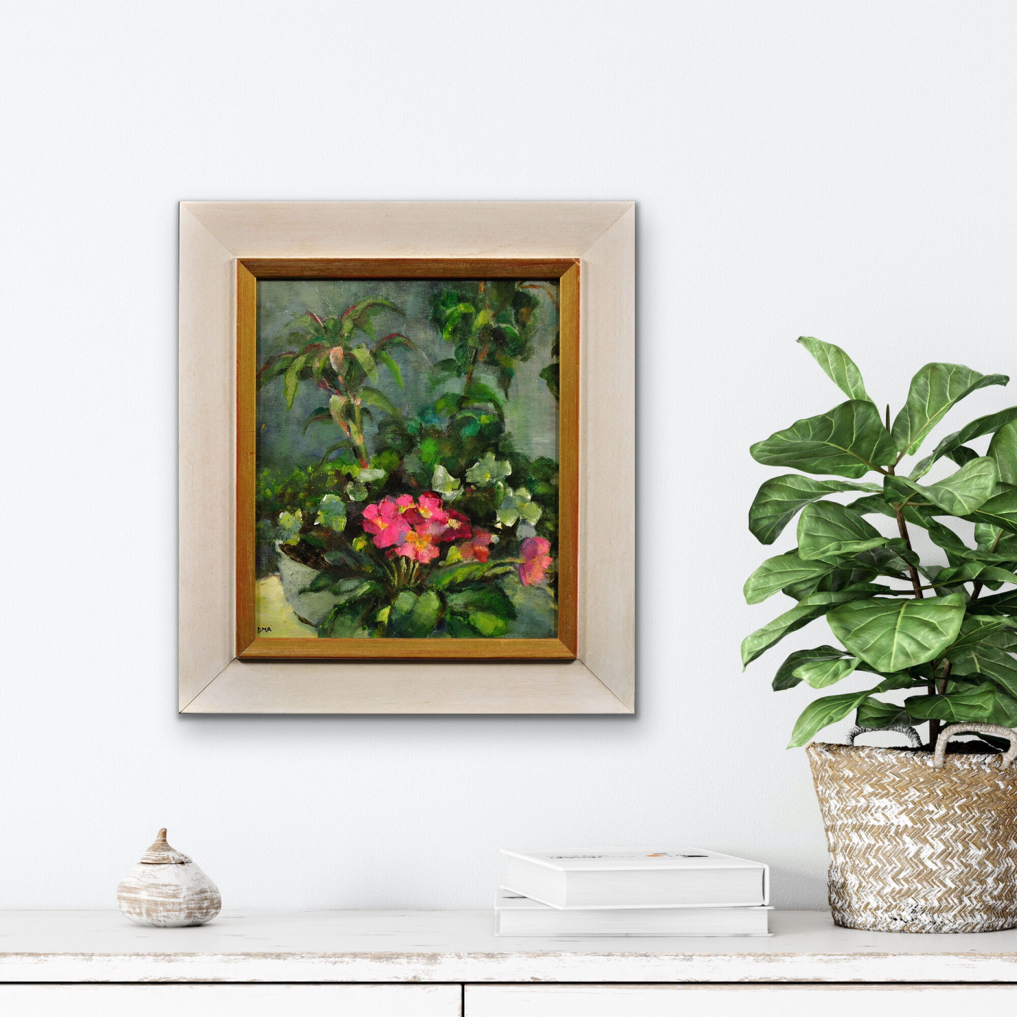 Diana maxwell's painting armfield b.1920. english. pink primulas & pot plants.