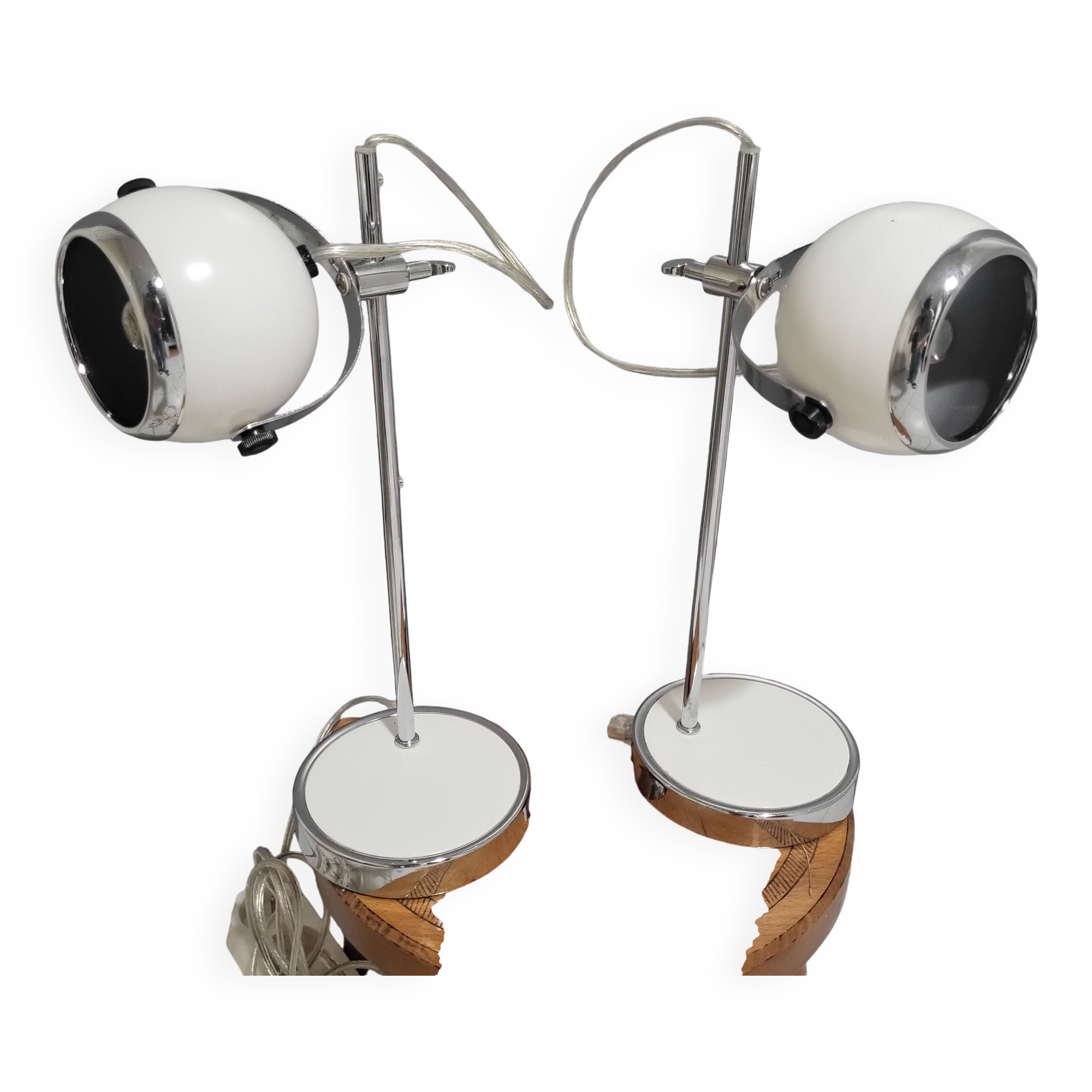 White and chrome metal eye ball lamps