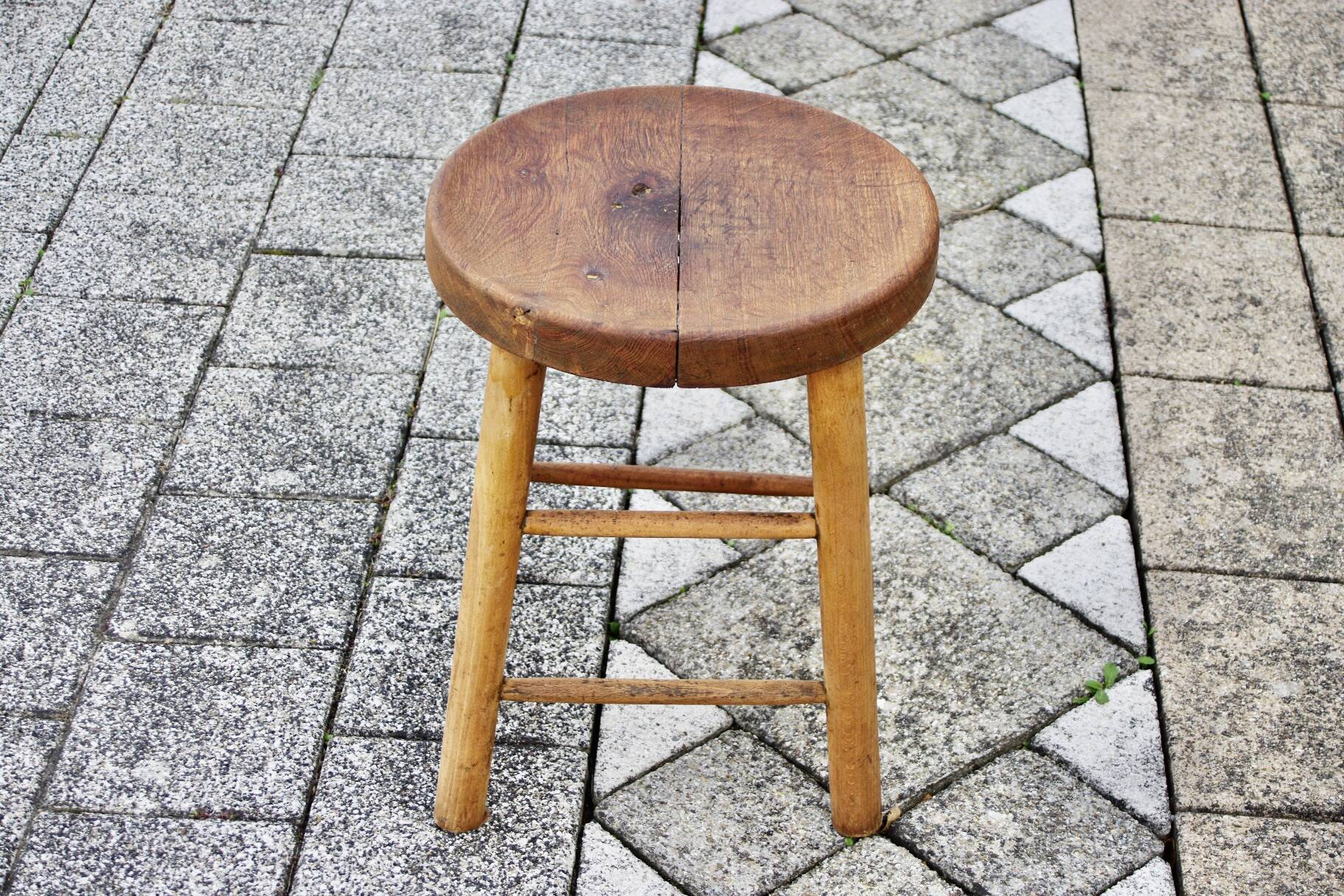 Vintage oak stool from maison hurel paris 1960