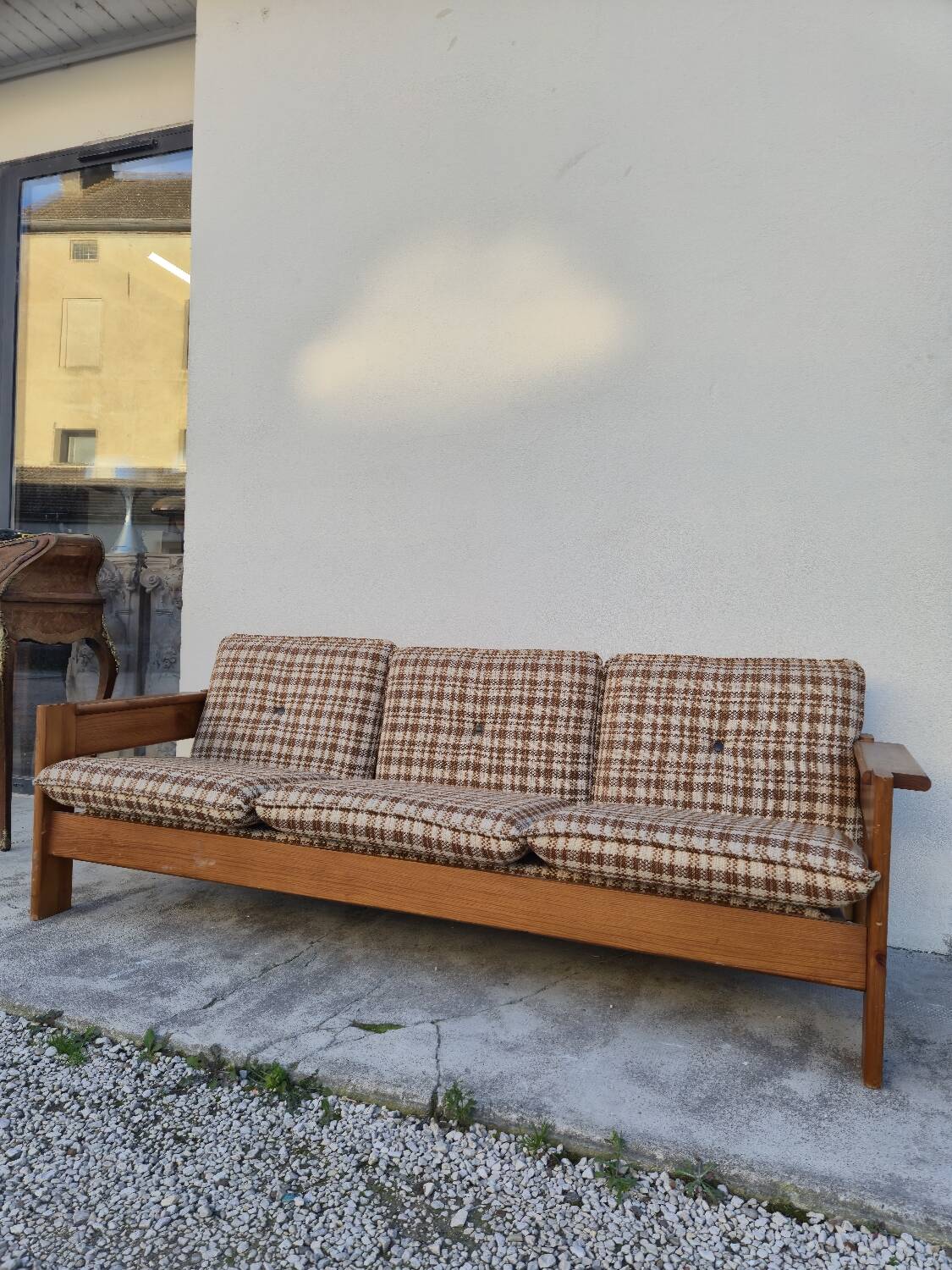 Vintage 3-seater pine sofa, Brutalist style, 1980s