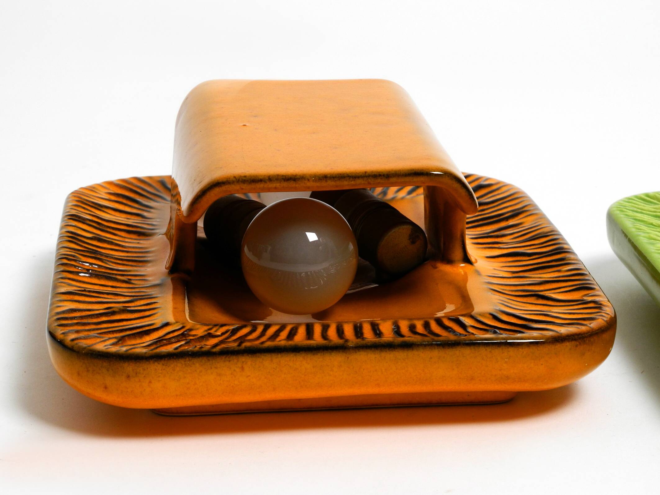 Pair of orange and green glazed 60s ceramic wall lights by Kaiser Leuchten