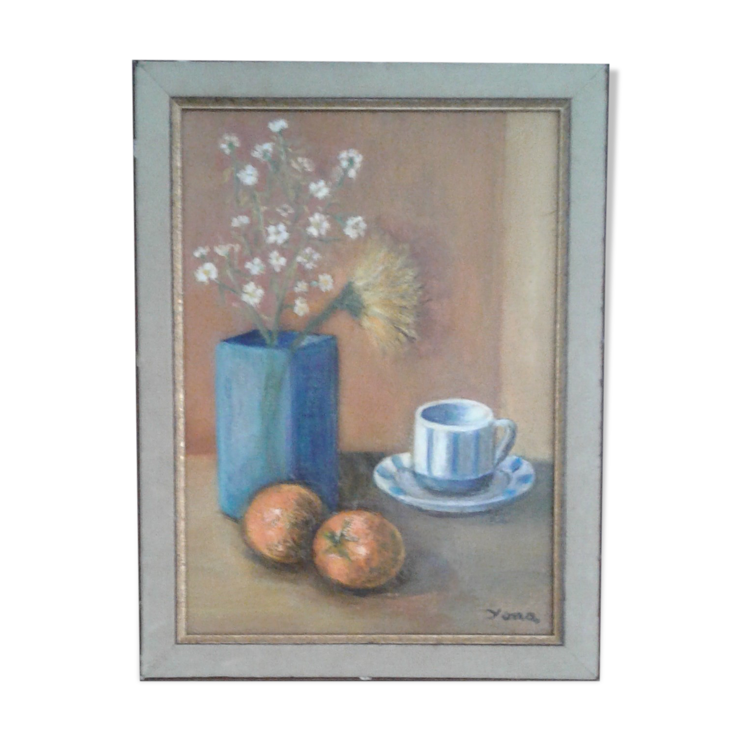 Oil on canvas painting still life with coffee cup. circa 70
