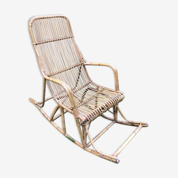 Rocking-chair chaise à bascule rotin bambou vintage Années 60