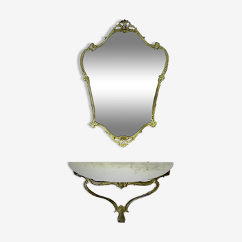 Brass mirror set and wall lamp console with marble