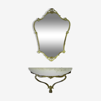 Ensemble miroir en laiton et console d’applique avec marbre