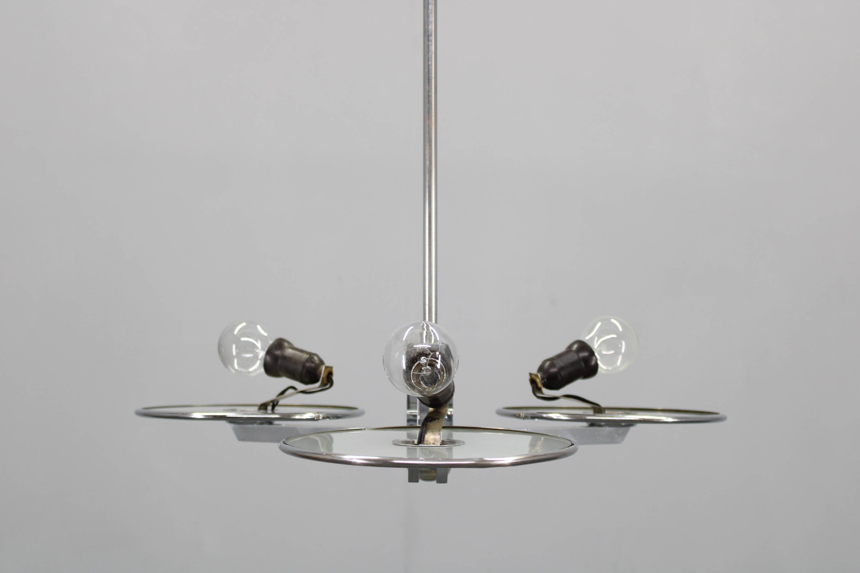 Restored Bauhaus or Art Deco chrome and glass chandelier, Czechoslovakia