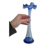 Vase bleu cobalt vintage bord onduler - verre souffle