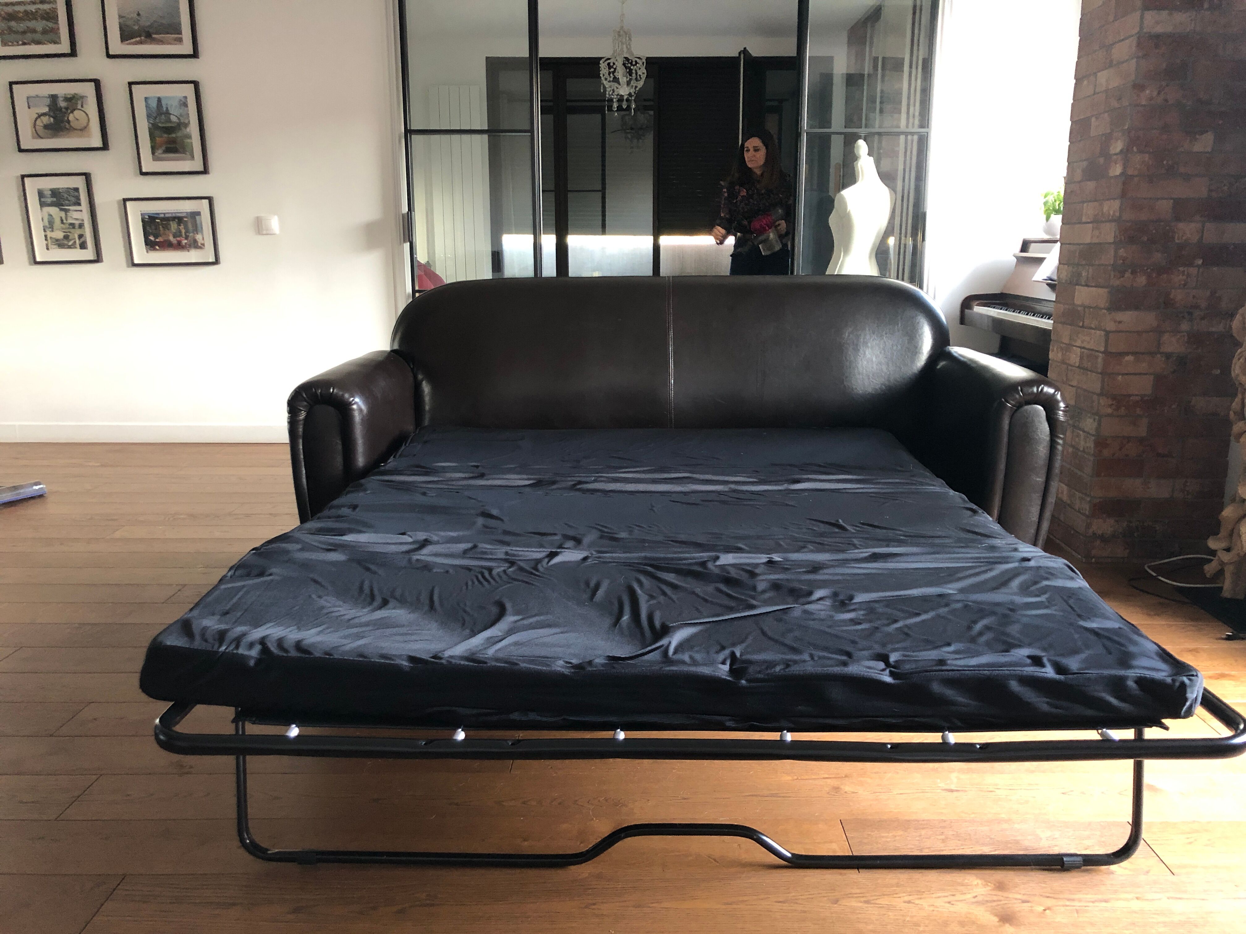 Sofa bed leather 3 places brown