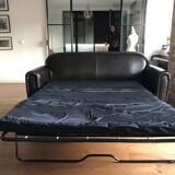 Sofa bed leather 3 places brown