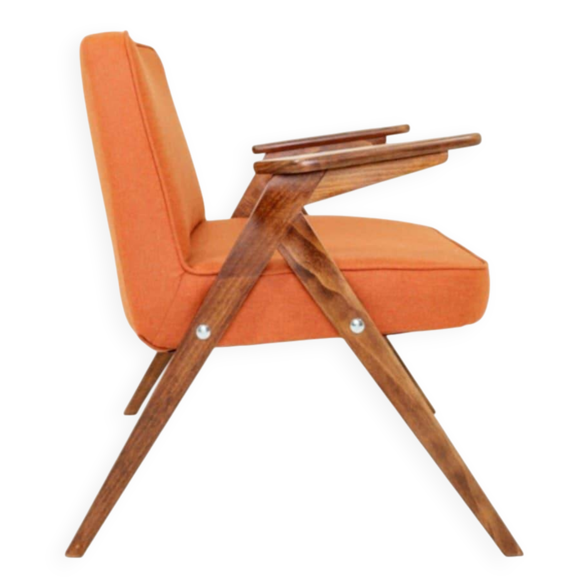 Fauteuil lounge vintage en laine, tissu orange et bois de hêtre