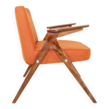 Fauteuil lounge vintage en laine, tissu orange et bois de hêtre