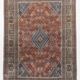 Vintage Turkish rug in brick red and indigo with floral design, 276 × 389 cm