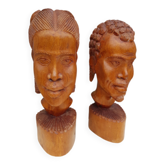 paire de statues buste africaine en bois