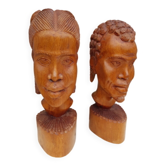 Pair of wooden African bust statues