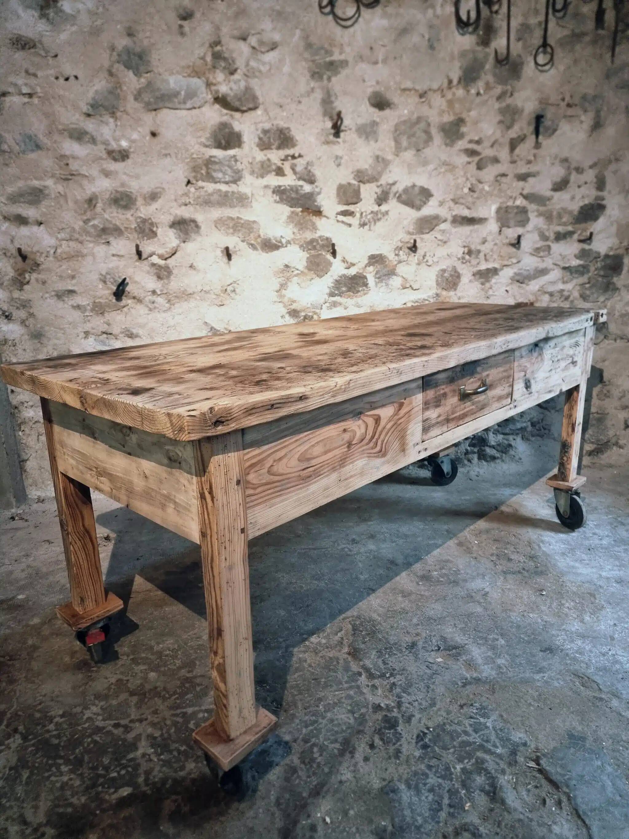 Vintage French pine work table, 1930s industrial kitchen island with drawer and casters