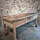 Vintage French pine work table, 1930s industrial kitchen island with drawer and casters