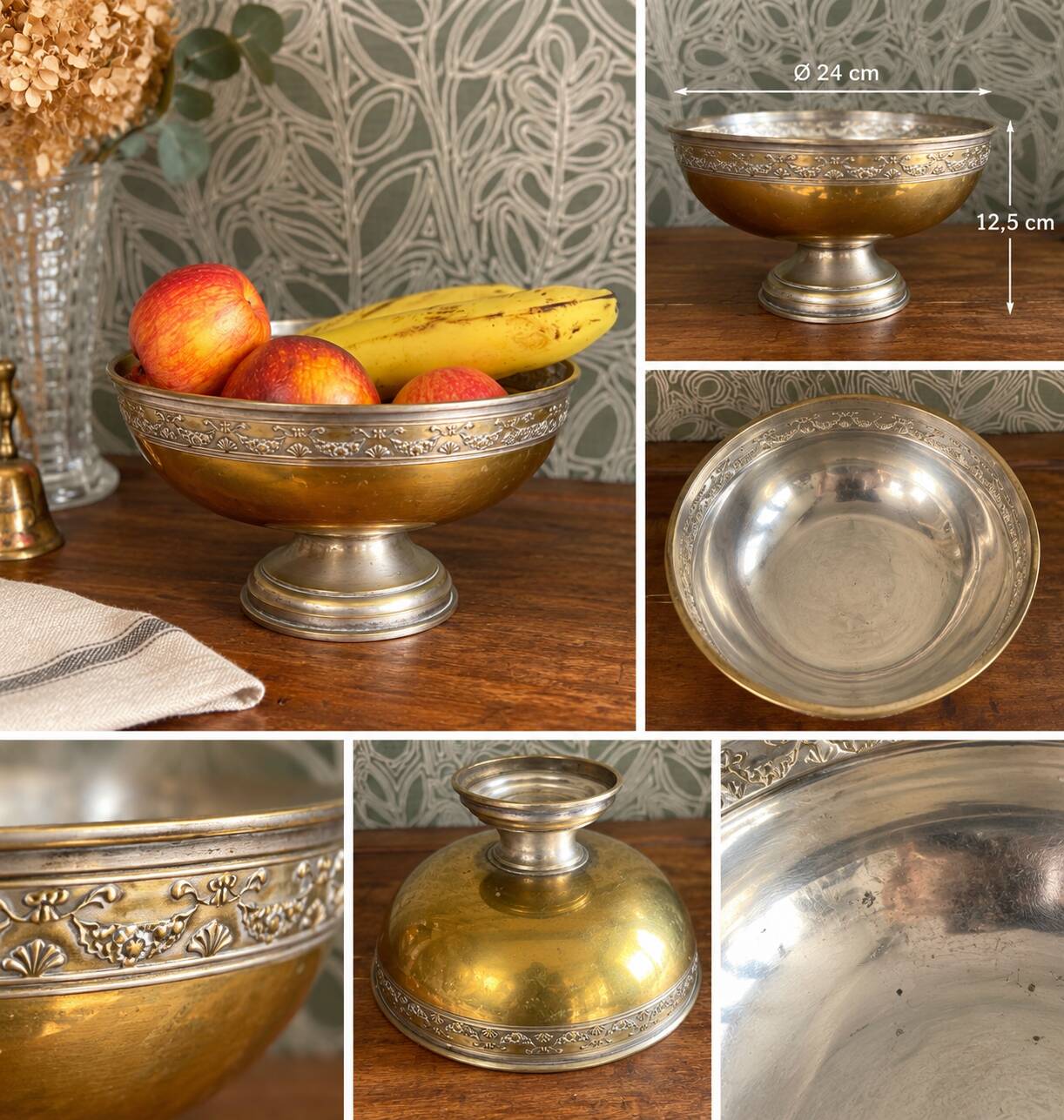 Vintage metal footed coupe in gold and silver – Floral decor
