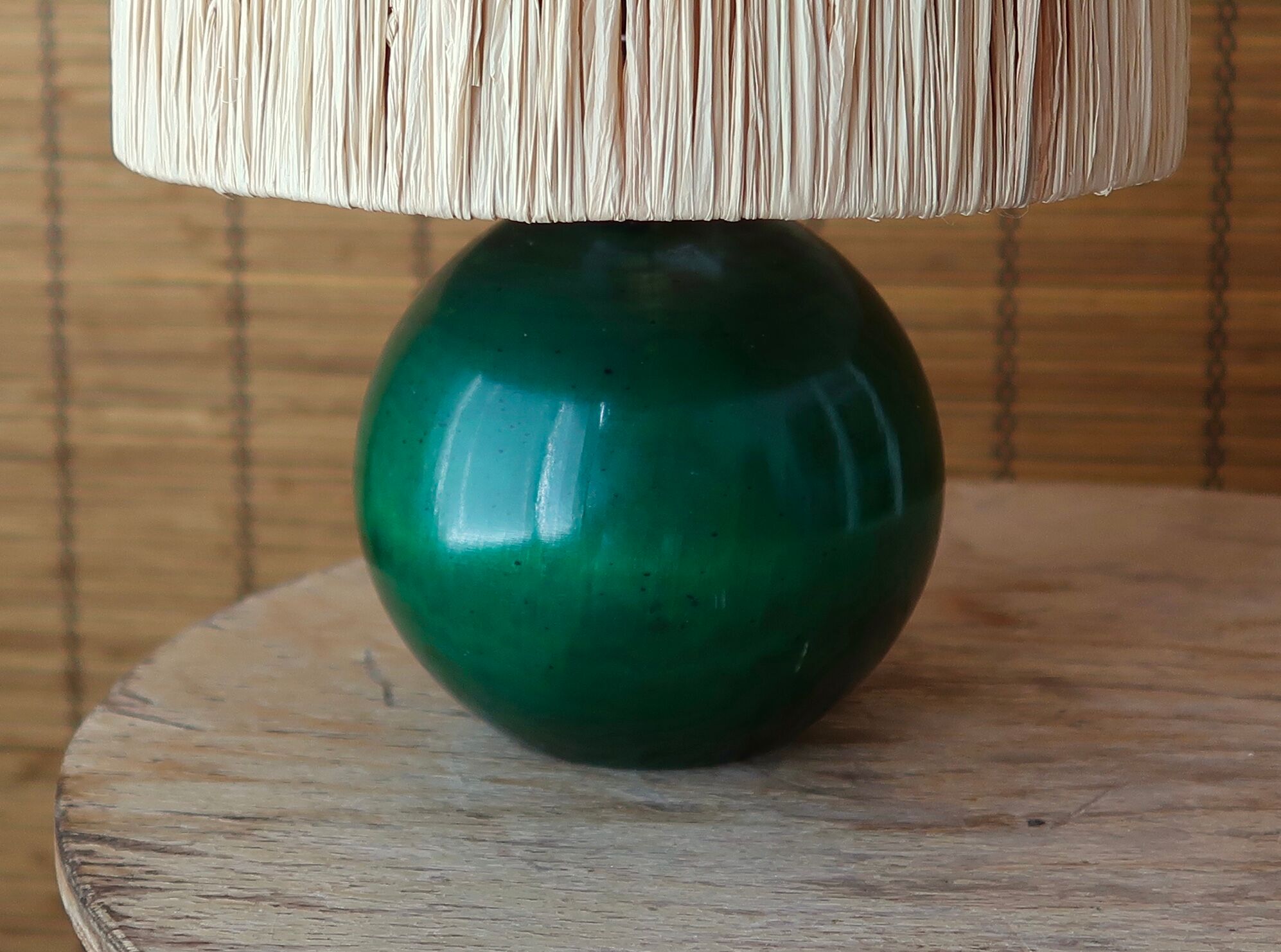 Lamp "ball" in green stained wood, raffia lampshade, 70s
