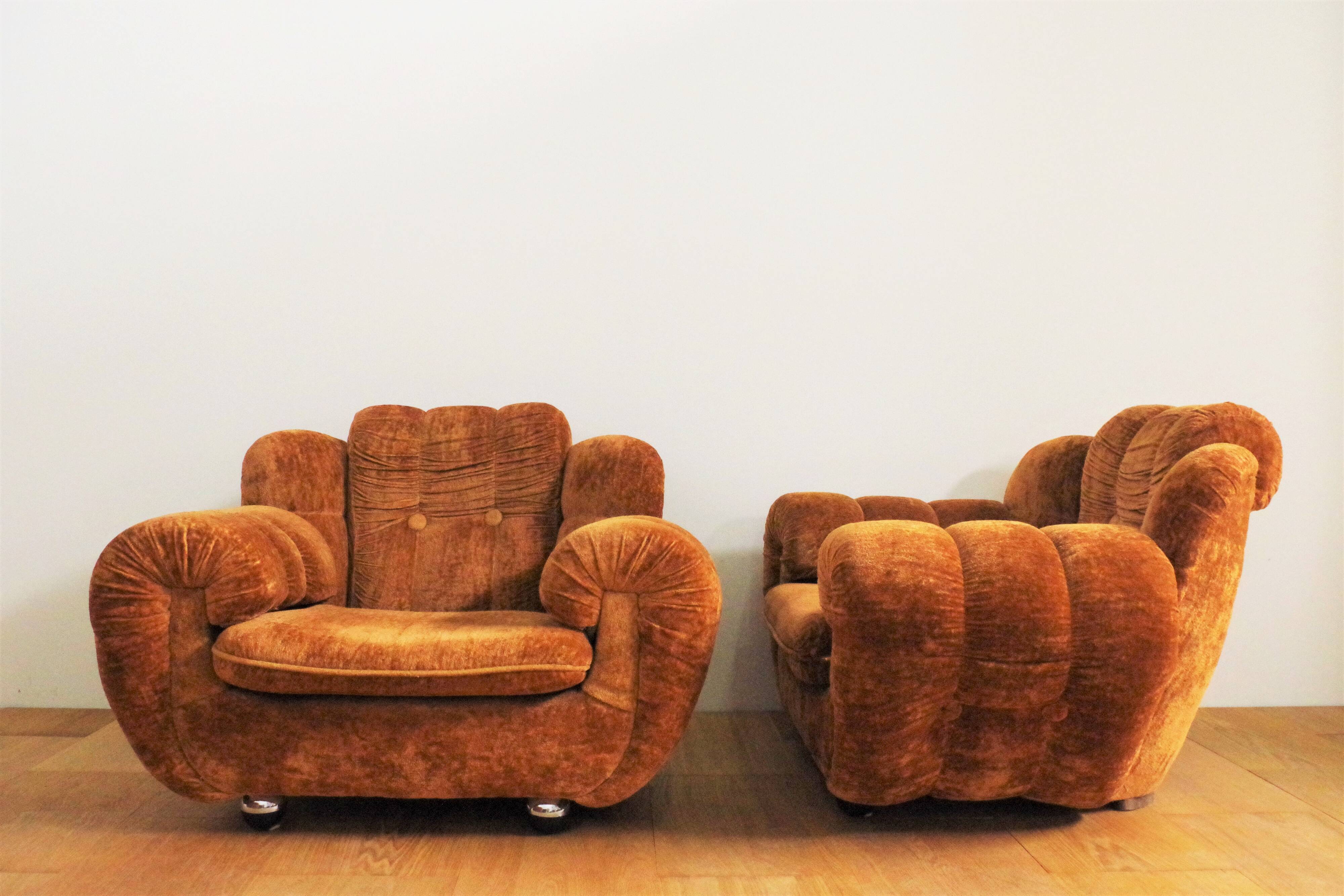 Velvet armchairs and sofa, 1970s, set of 3