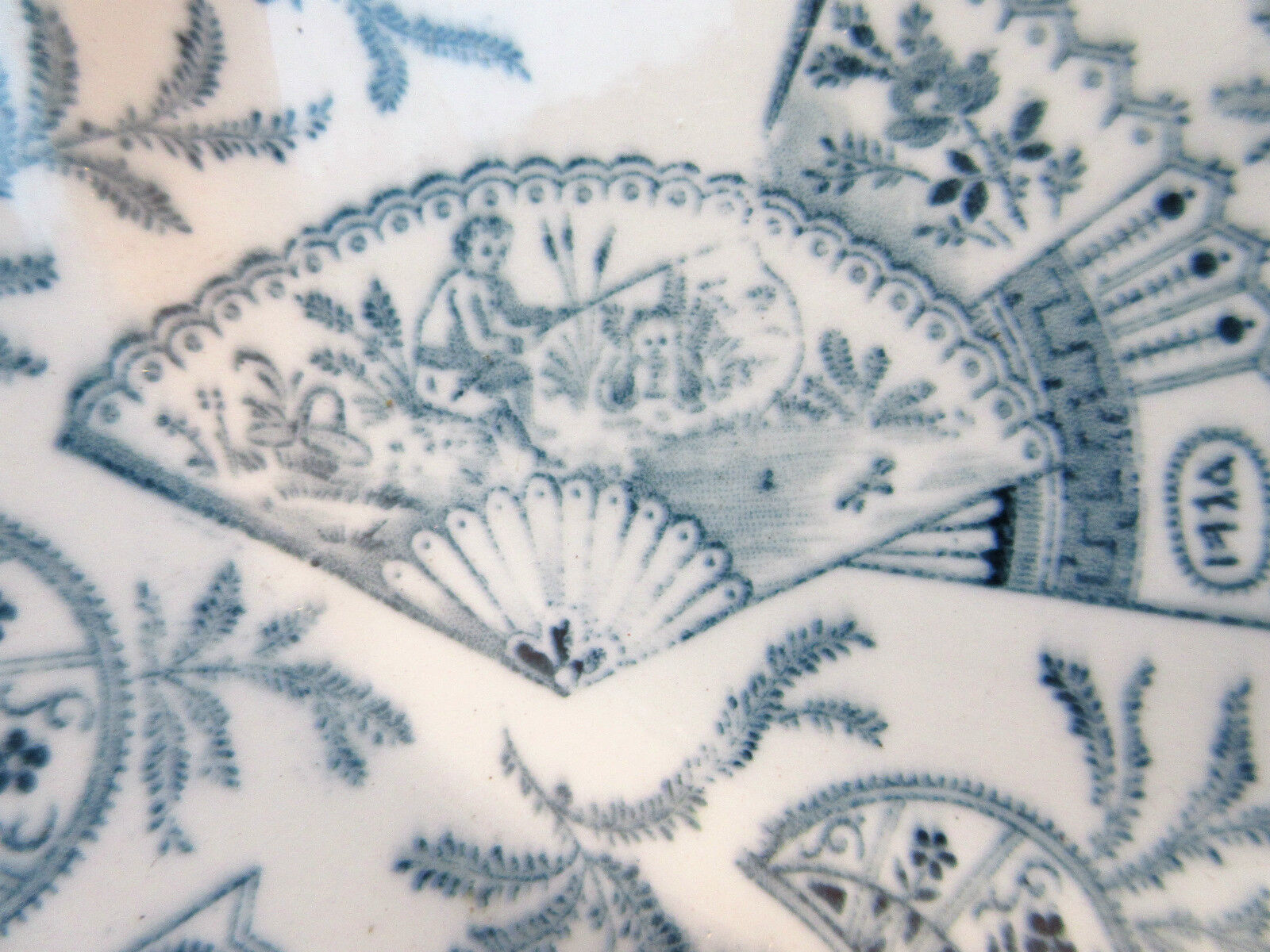 Art nouveau plate by longwy, grey-blue model: eventails