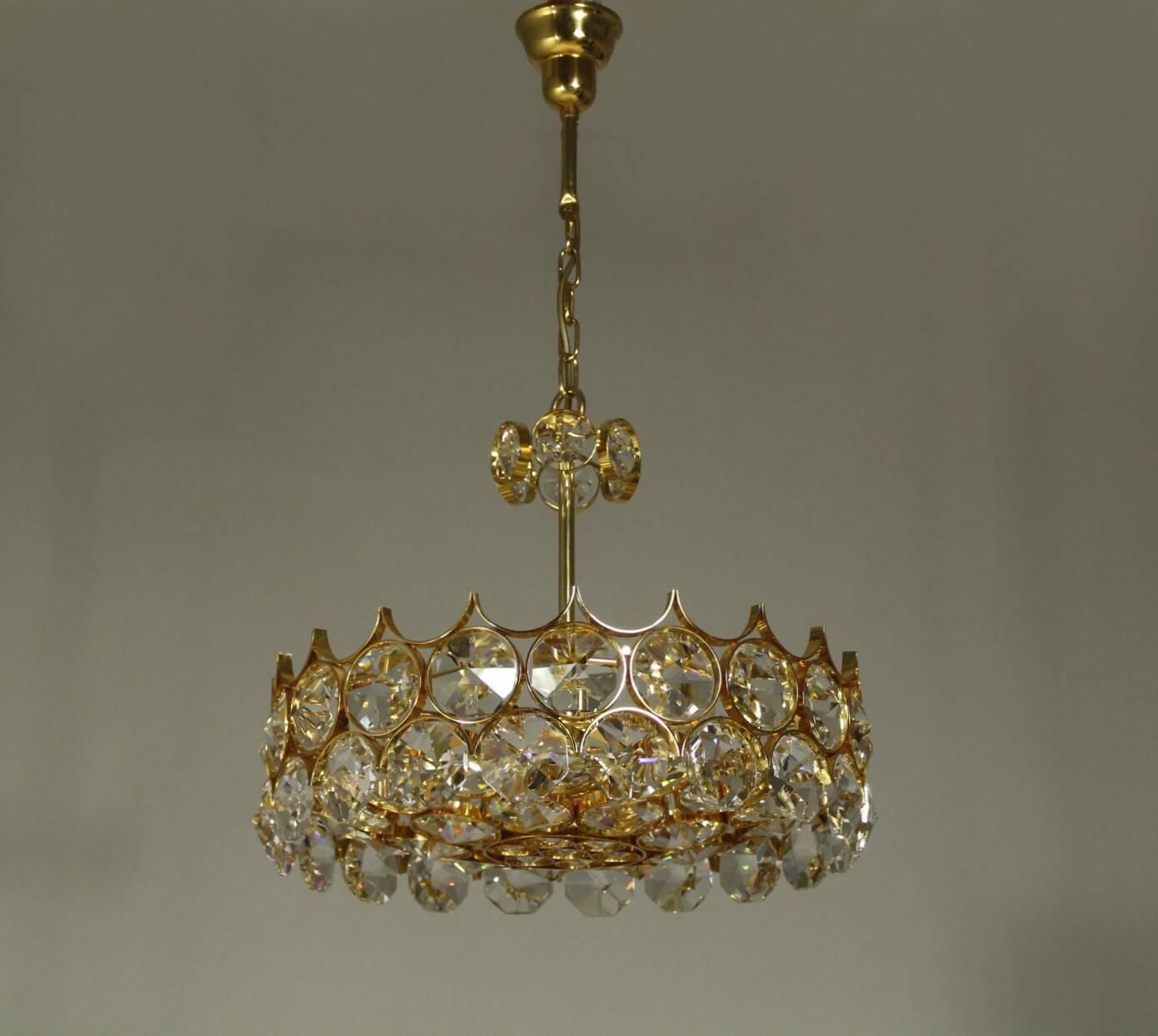 1970s Palwa Chandelier, gold plate and faceted crystals