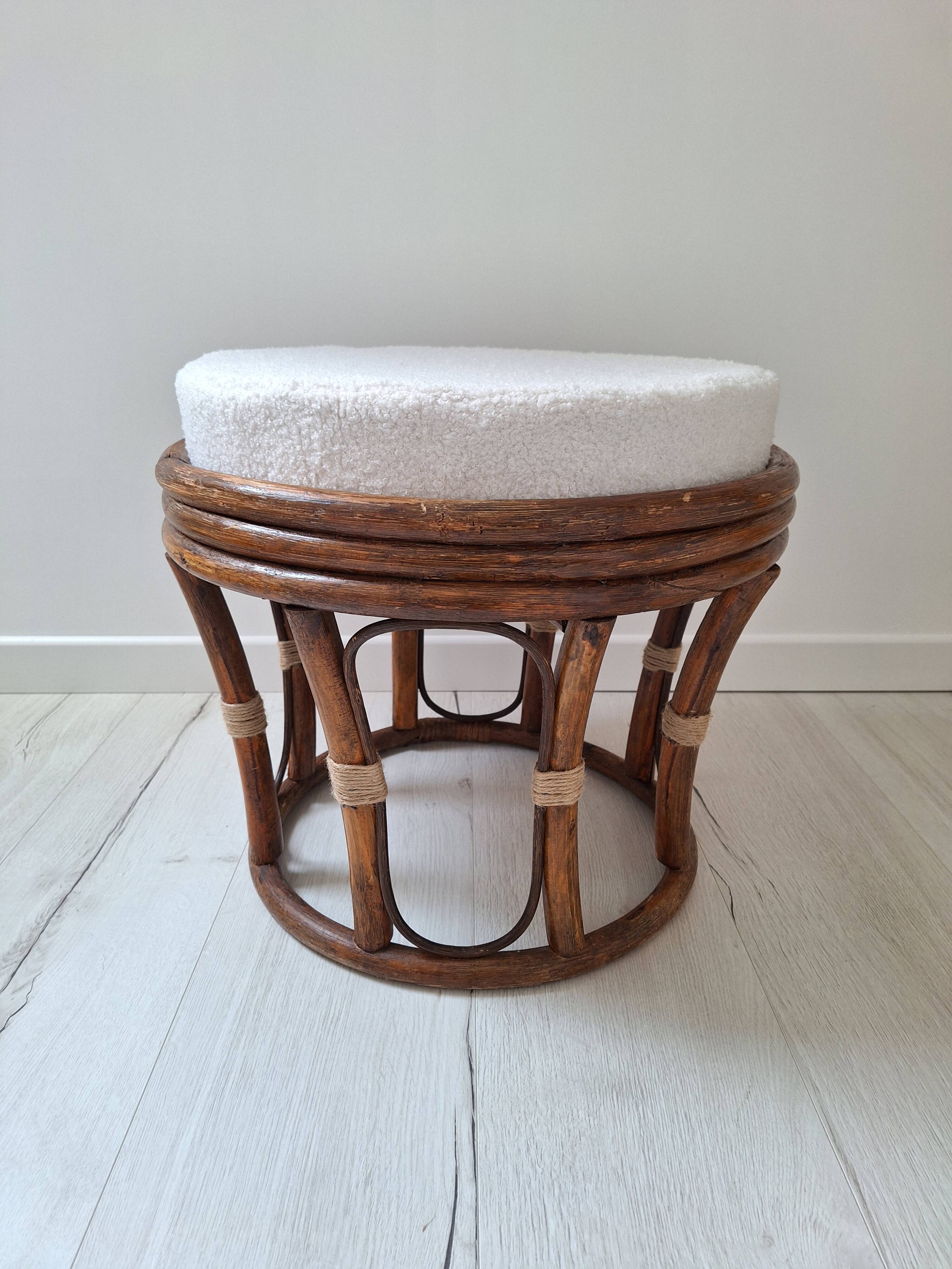 Rattan and boucle fabric pouf