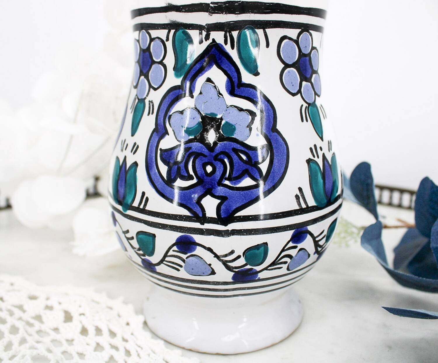 Vintage blue and green ceramic cat-shaped jug carafe