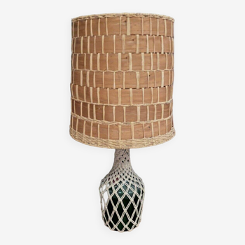 1970 lamp with woven rattan lampshade, glass and fabric base