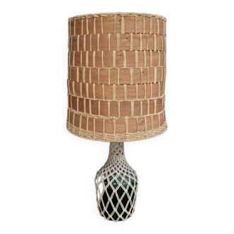 1970 lamp with woven rattan lampshade, glass and fabric base