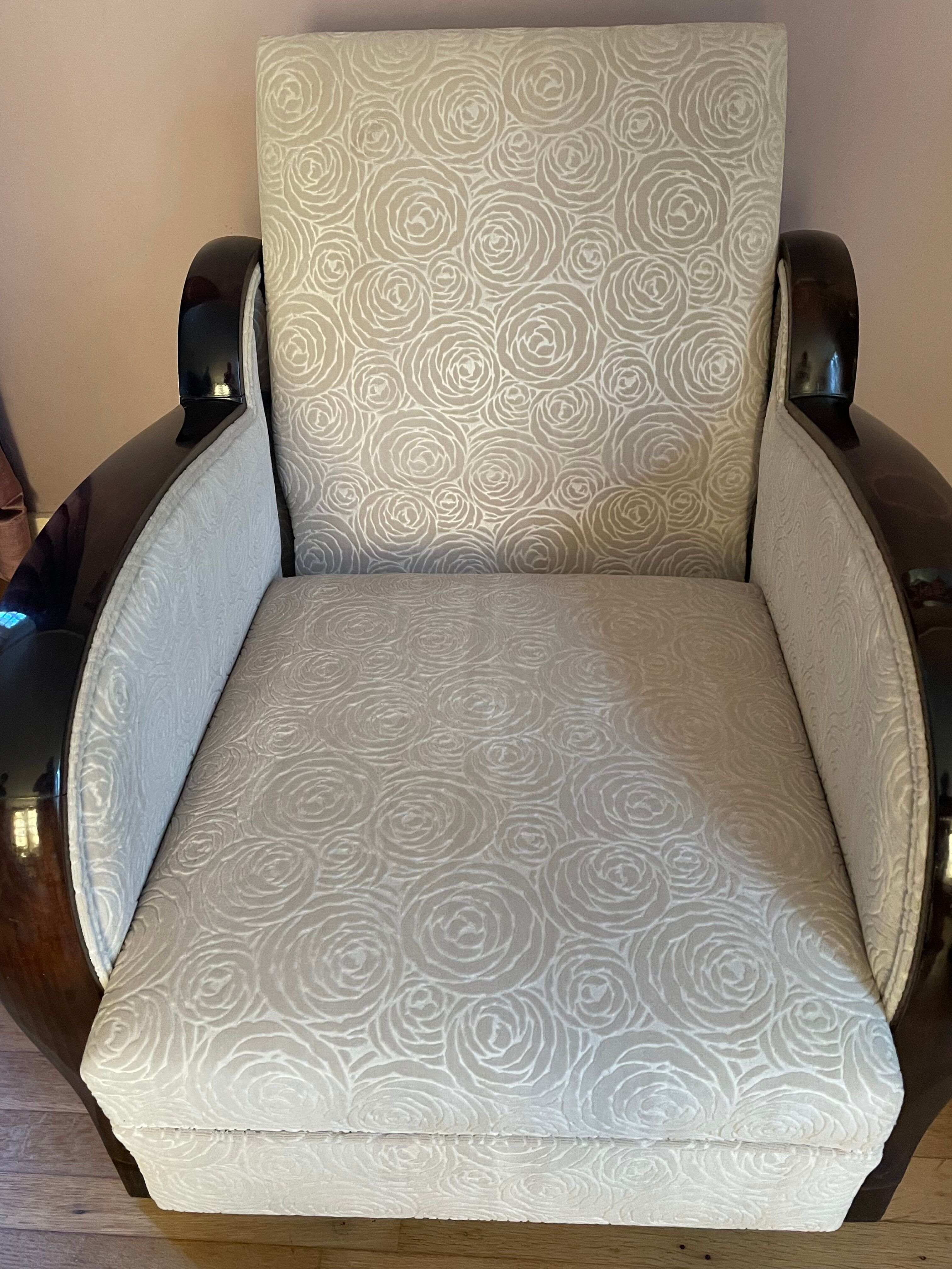 Art-deco convertible armchair in tinted beech and ivory-colored cotton velvet fabric