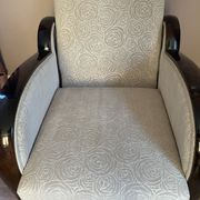 Art-deco convertible armchair in tinted beech and ivory-colored cotton velvet fabric