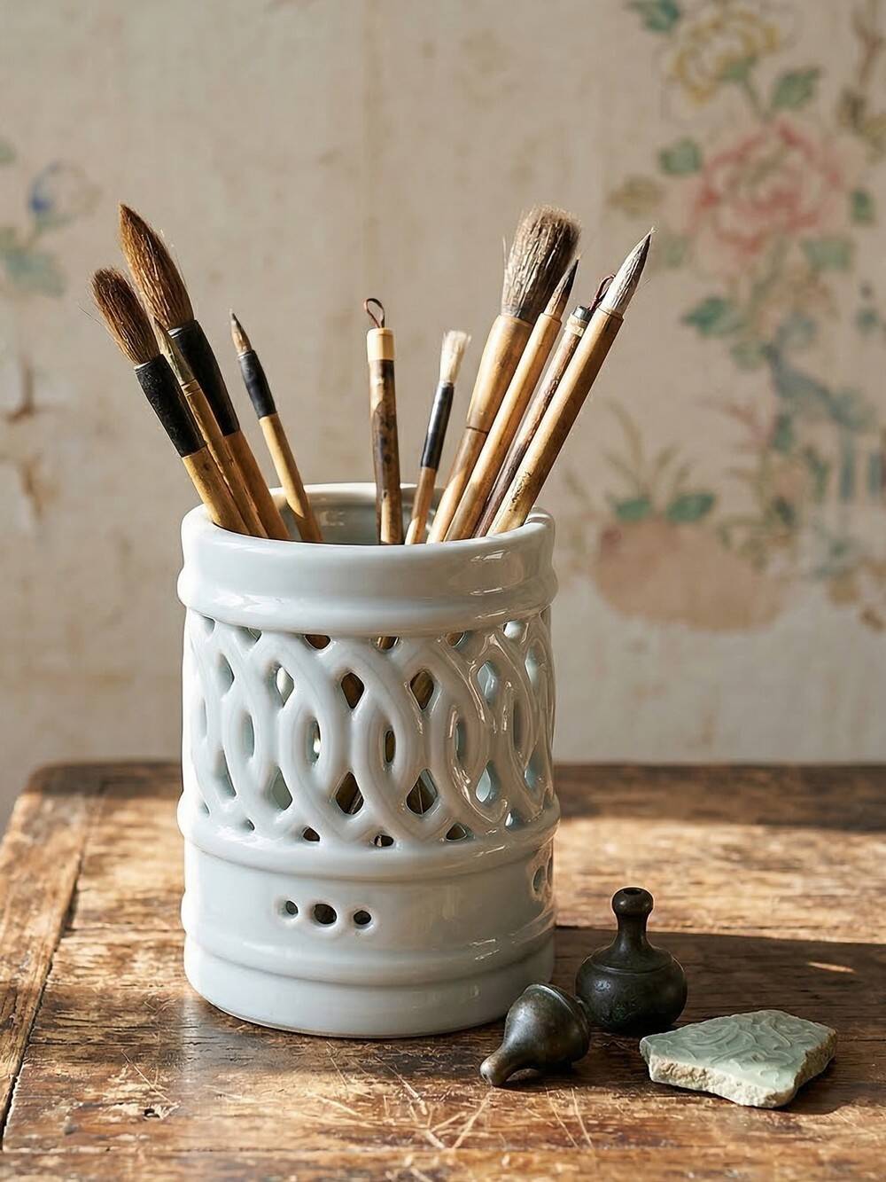 Celadon reticulated porcelain brush holder, Korea, Joseon style, 20th century.