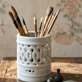 Celadon reticulated porcelain brush holder, Korea, Joseon style, 20th century.