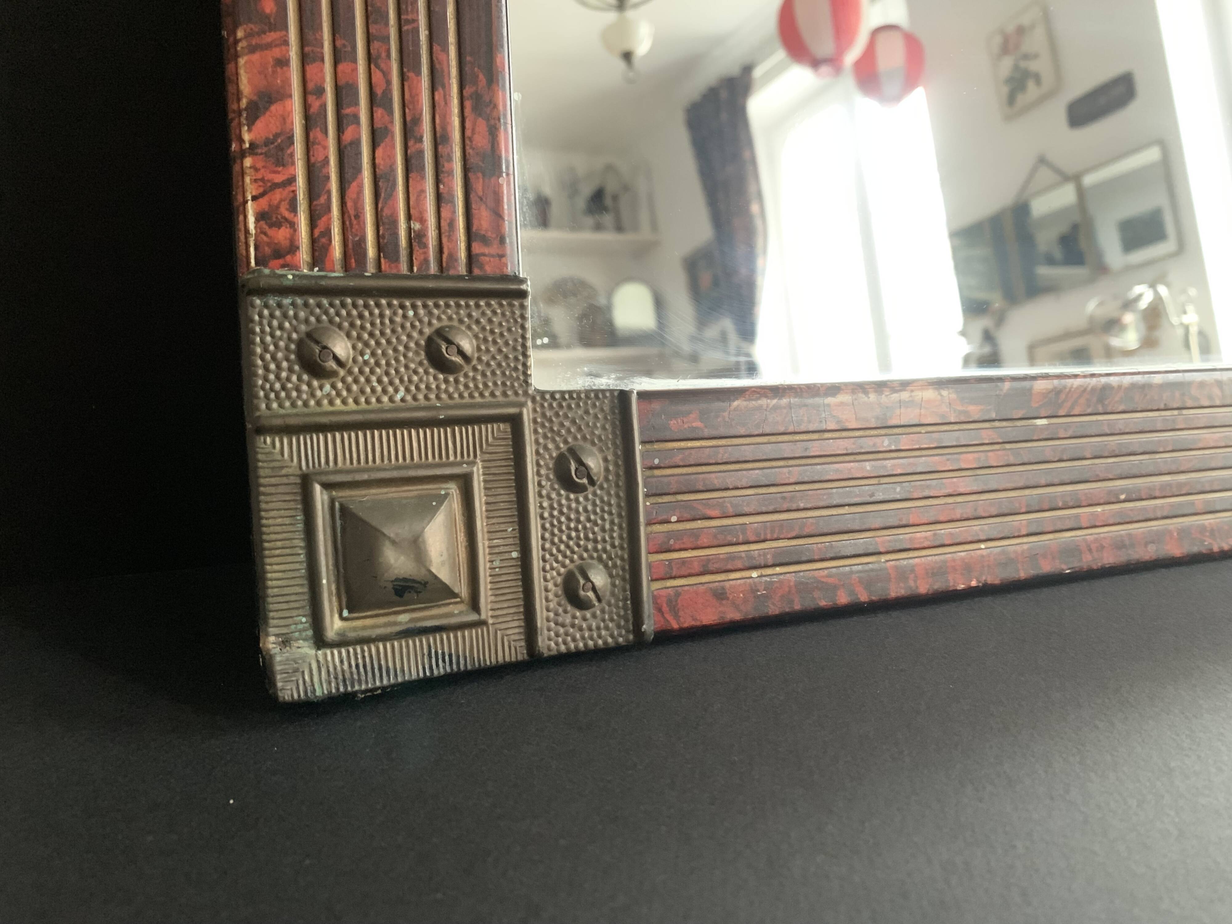 Hand painted art nouveau mirror decorated with chiseled brass, french mercury mirror from the 1920s