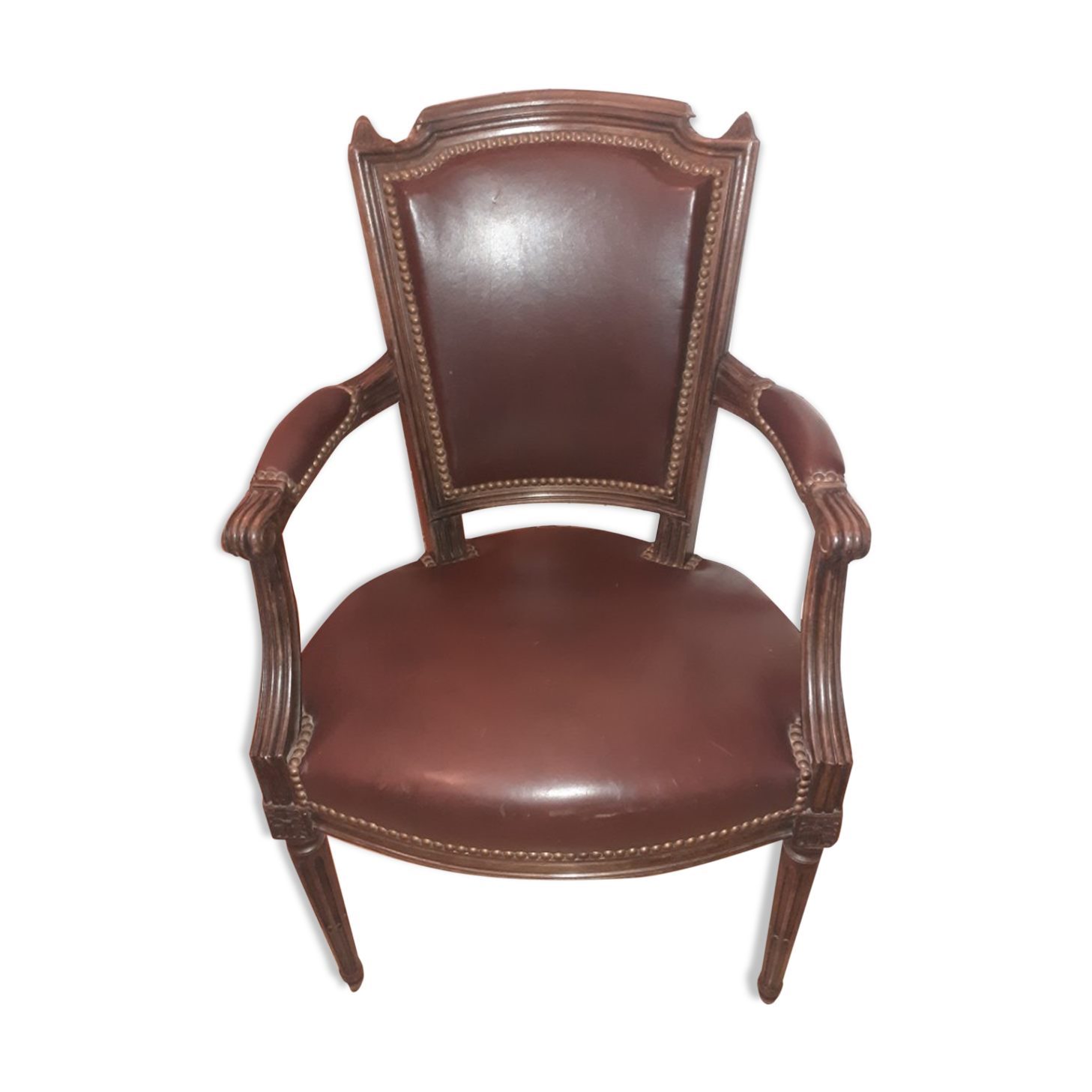Fauteuil cabriolet Louis XVI couvert cuir marron foncé