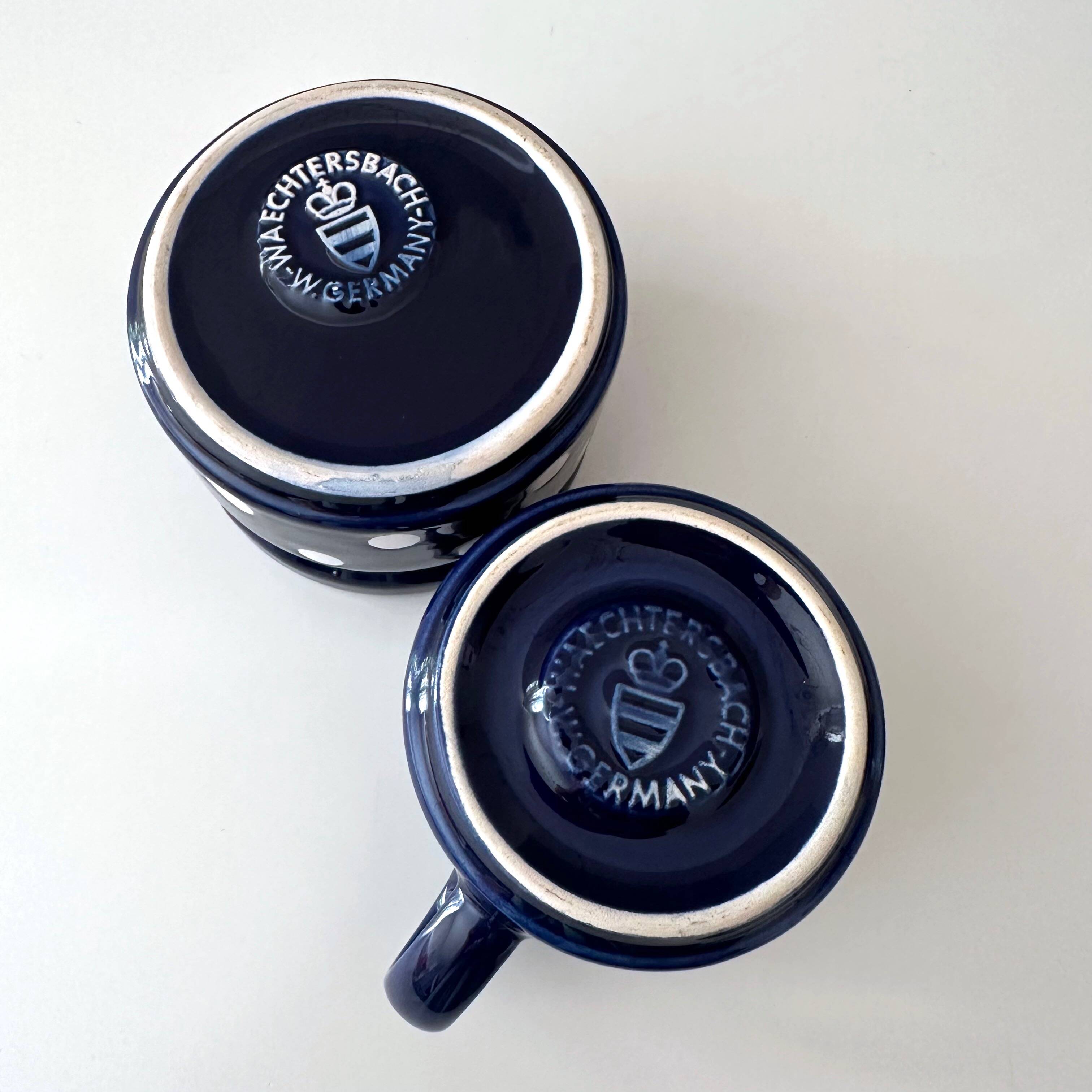 Vintage milk and sugar Wächtersbach ceramic blue and white, milk jug and sugar bowl, polka dots, 70s