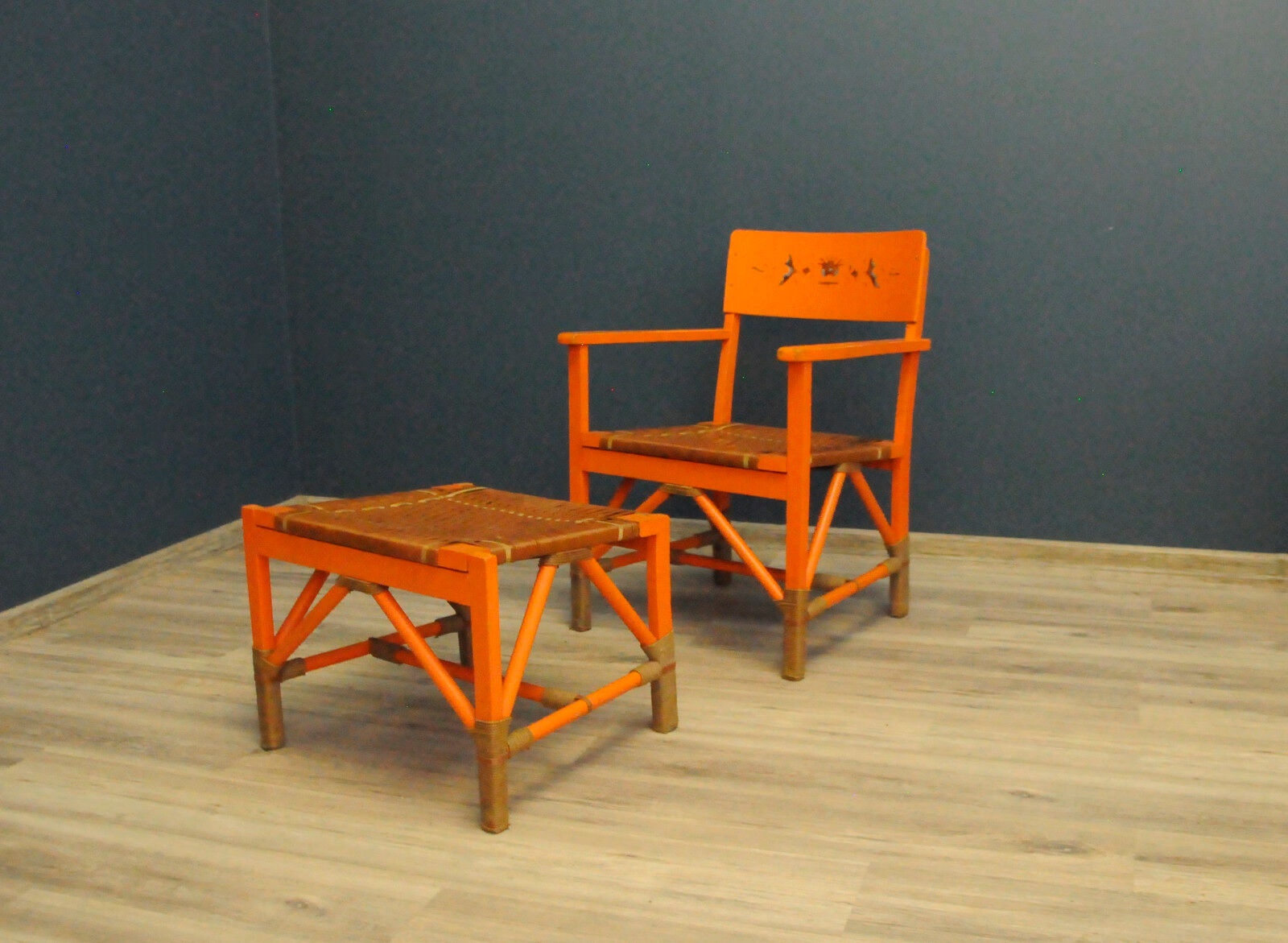 Scandinavian folklore armchair with footrest