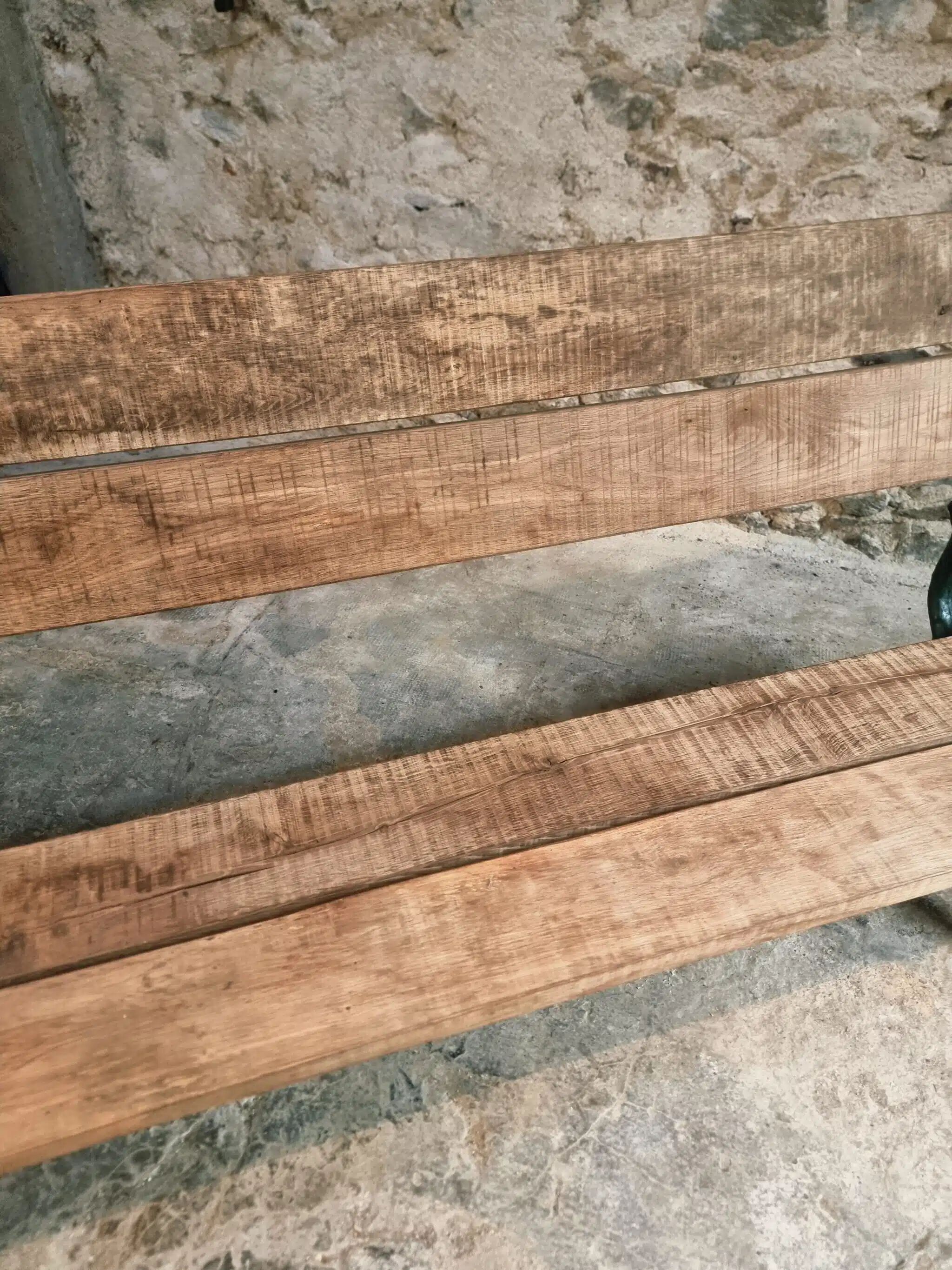 Antique French park bench in cast iron and oak – Sea green patina, 220 cm