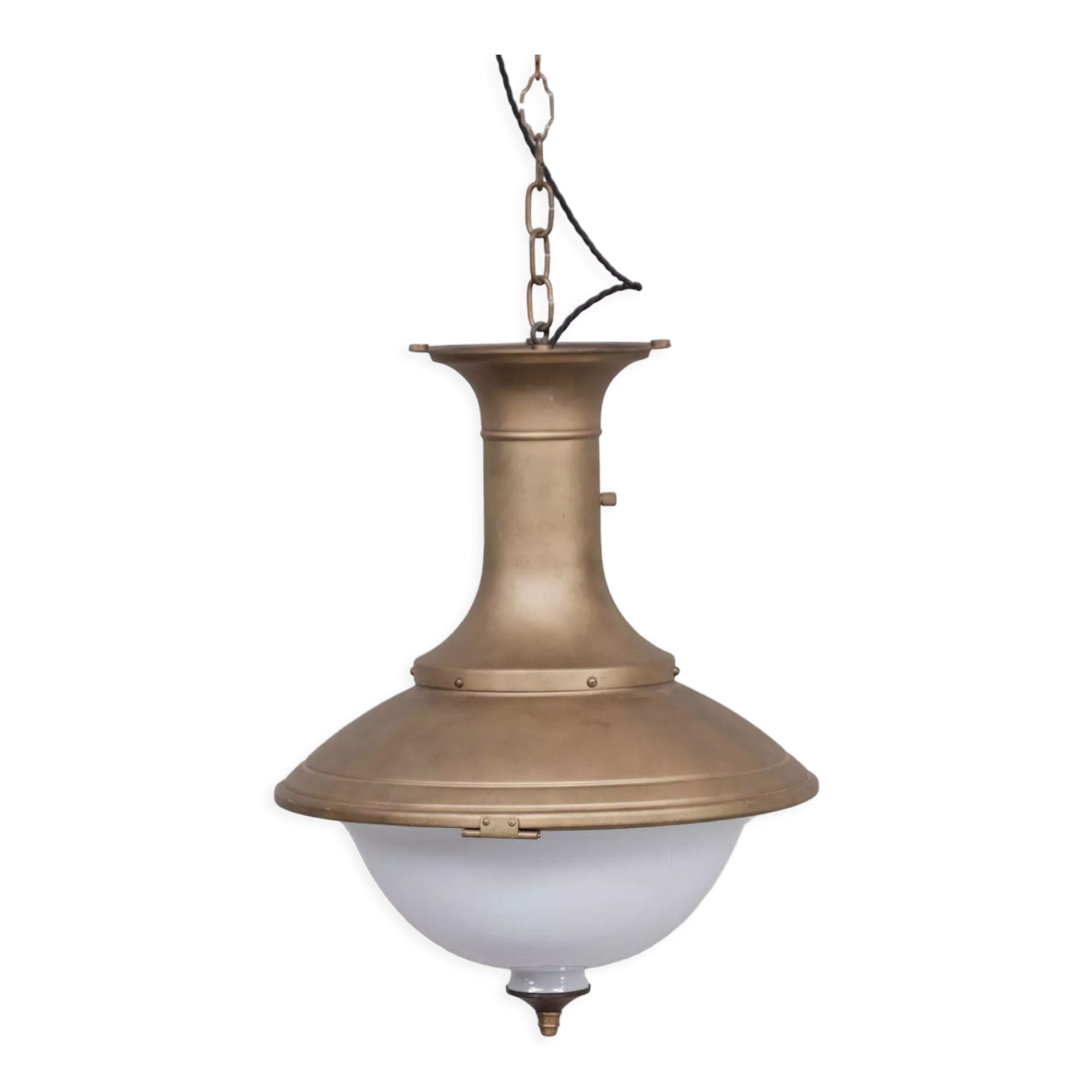 Pair of brass and opaline large pendant lights