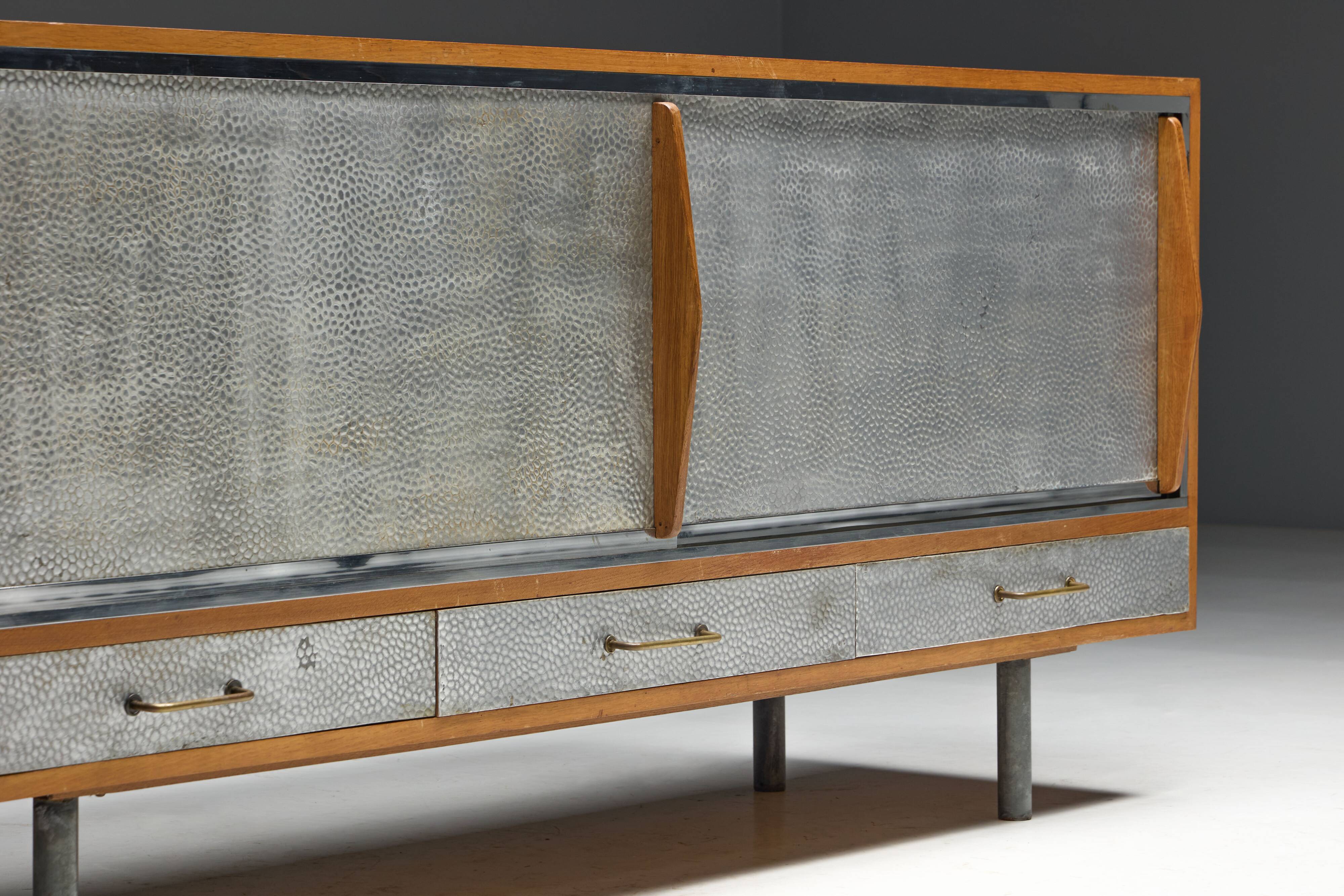 Mid-Century Modern Sideboard with Hammered Metal Façade, France, 1960s