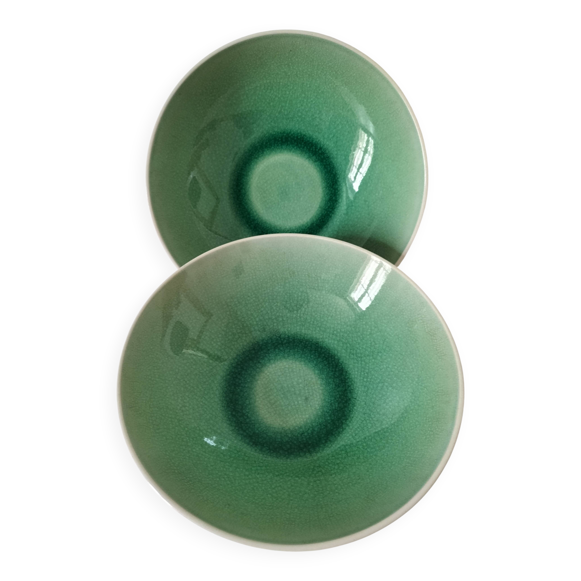 Duo of celadon crackle effect soup plates