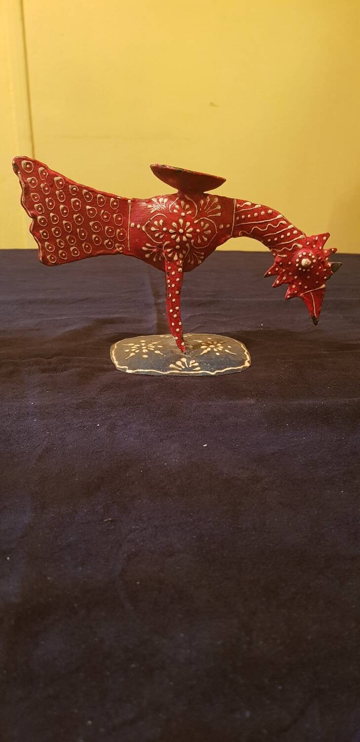 “Rooster” incense burner in sheet metal. Hand painted.